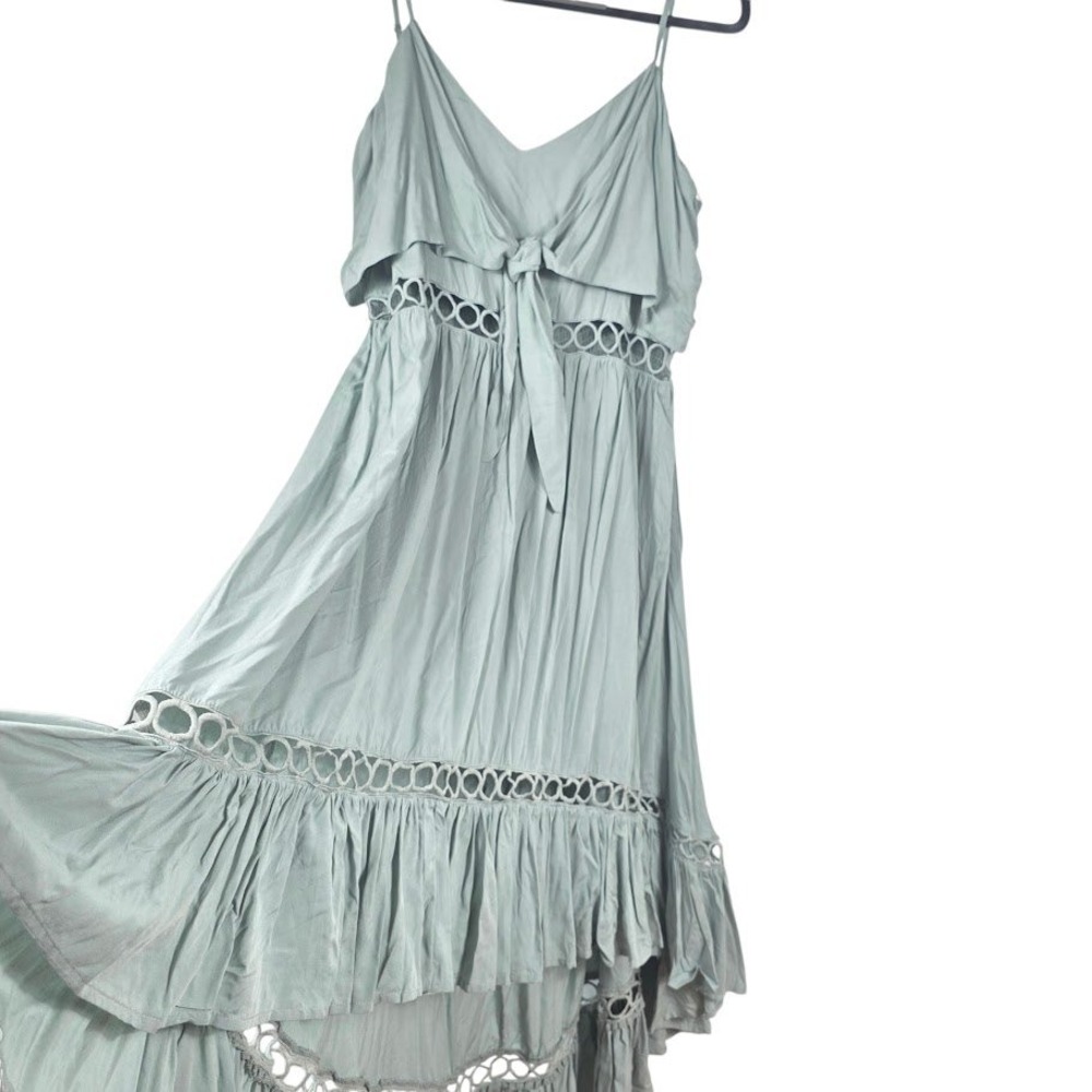 Elle High Low Dress Womens 1XL Sage Green Crochet Eyelet Tie Front Boho Peasant